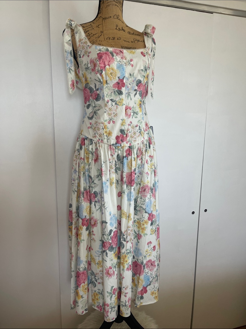 Floral Tie-Shoulder Midi Dress in White with Pink & Yellow Blooms